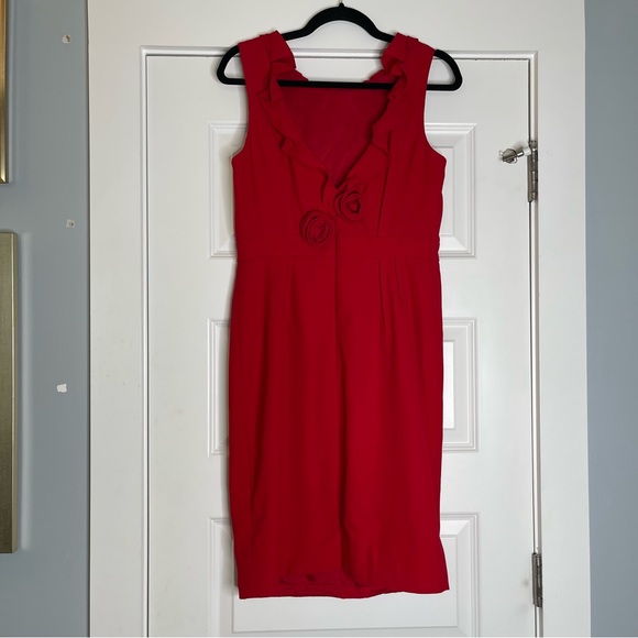 Carmen Marc Valvo Collection Red Ruffle Rosette Sheath Dress - Picture 7 of 11